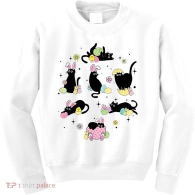 Black Cat With Bunny Eggs Happy Easter Day Matching Kids Sweatshirt