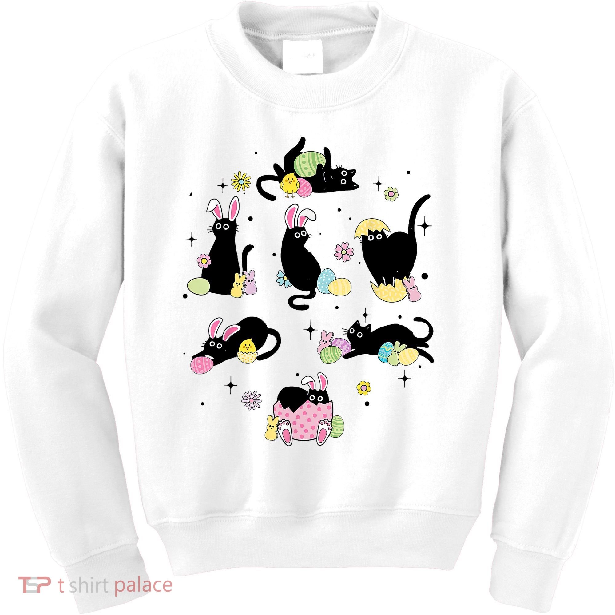 Black Cat With Bunny Eggs Happy Easter Day Matching Kids Sweatshirt