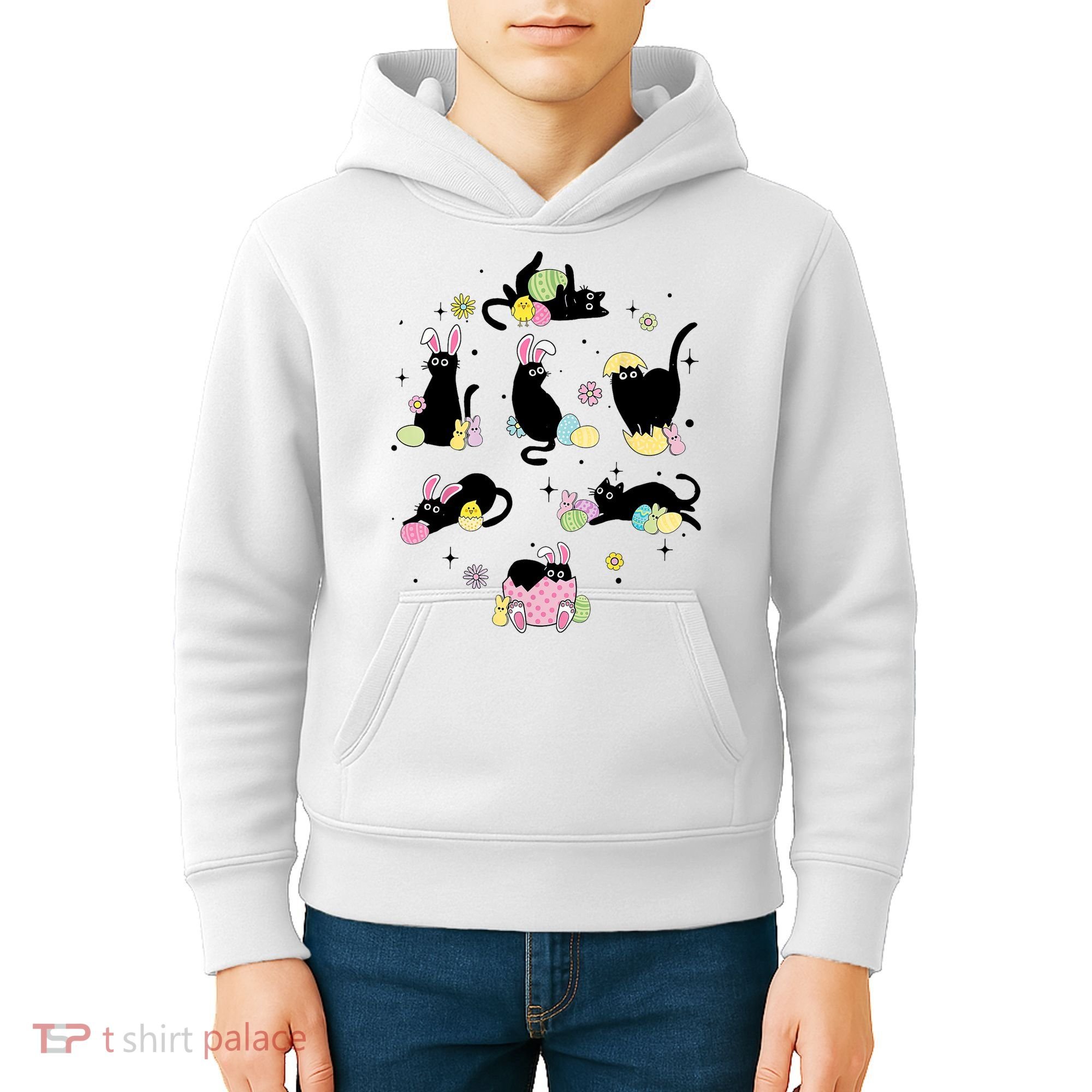 Black Cat With Bunny Eggs Happy Easter Day Matching Kids Hoodie
