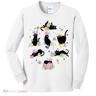 Black Cat With Bunny Eggs Happy Easter Day Matching Kids Long Sleeve Shirt