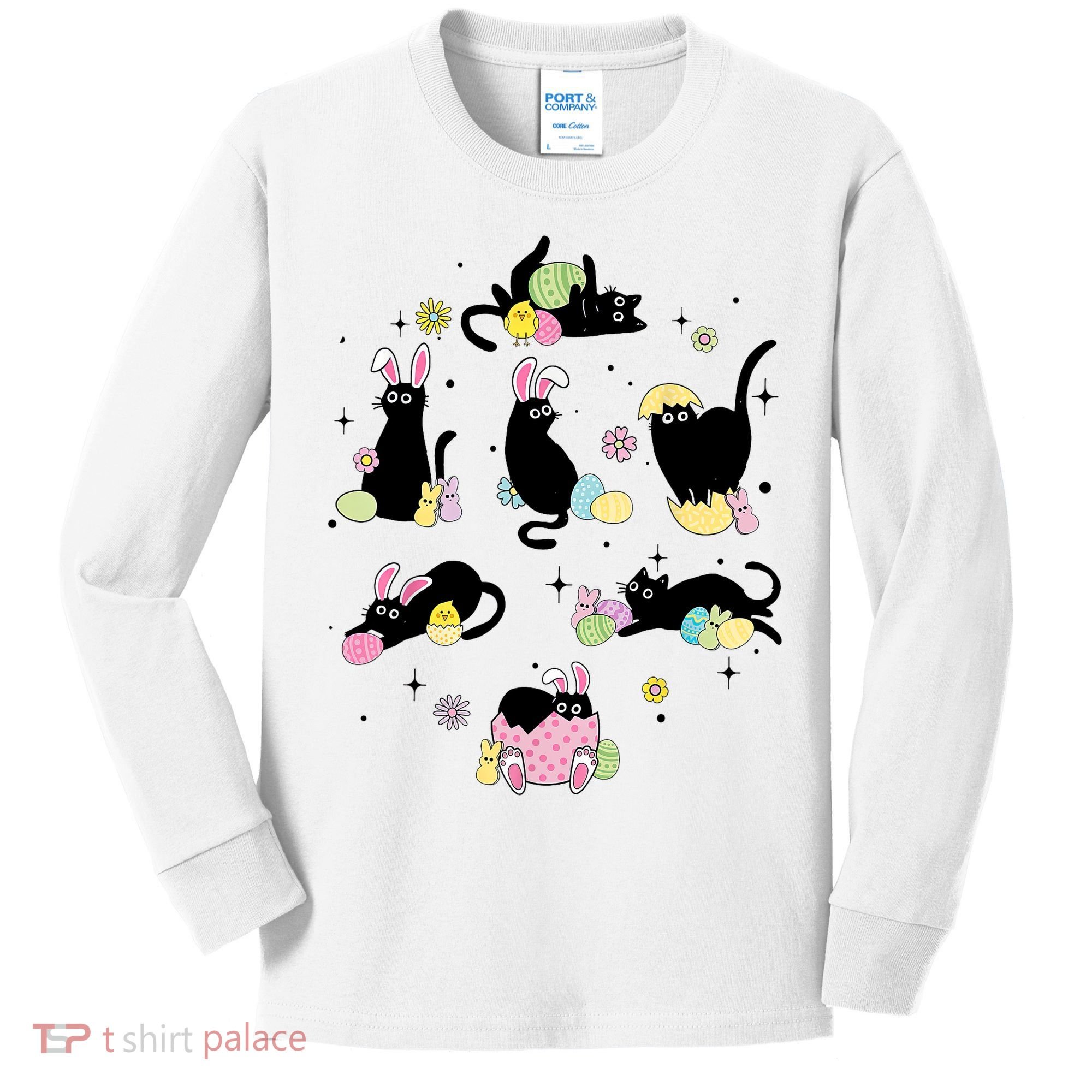 Black Cat With Bunny Eggs Happy Easter Day Matching Kids Long Sleeve Shirt
