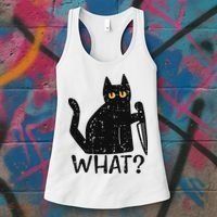 Black Cat What Knife Funny Murderous Halloween Pet Women Women's Tank Top thumb 3