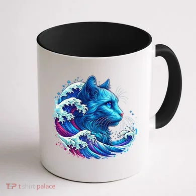Blue Cat Wave Illustrations Coffee Mug back
