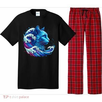 Blue Cat Wave Illustrations Pajama Set