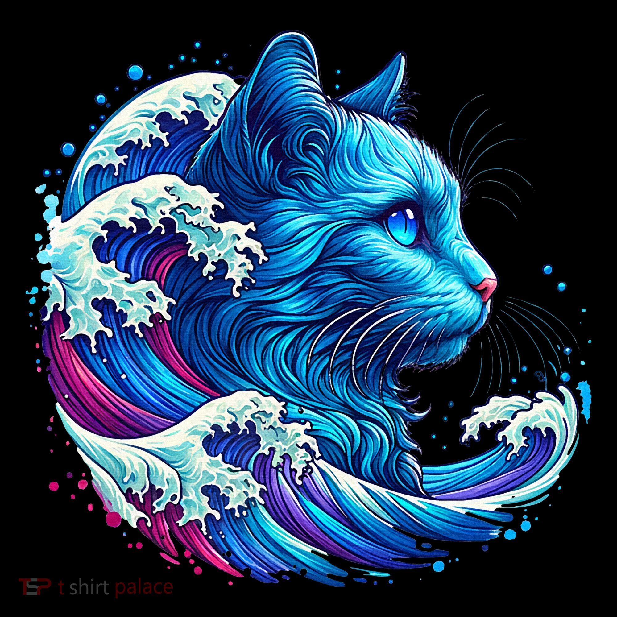 Blue Cat Wave Illustrations Pajama Set