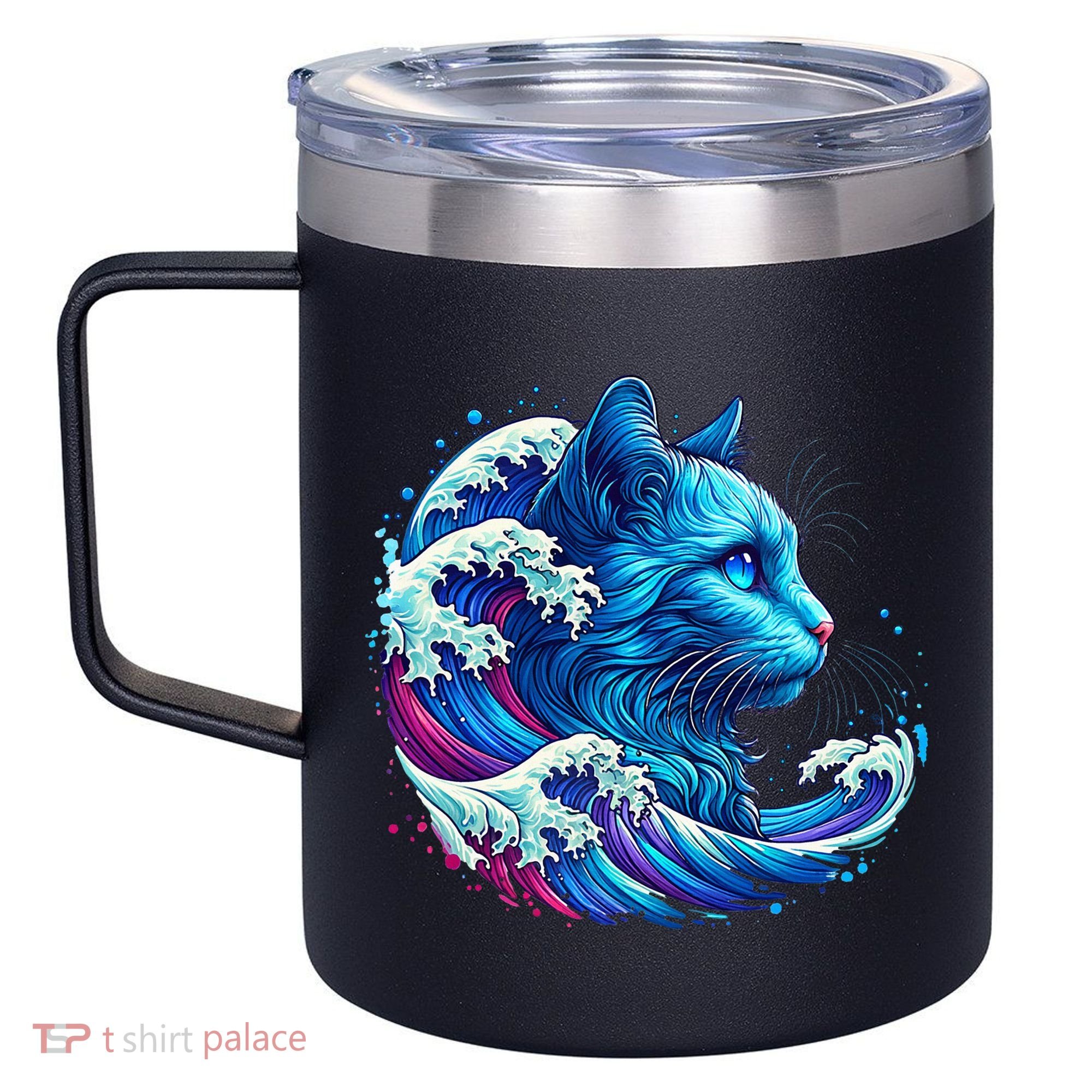 Blue Cat Wave Illustrations 12oz Stainless Steel Coffee Mug