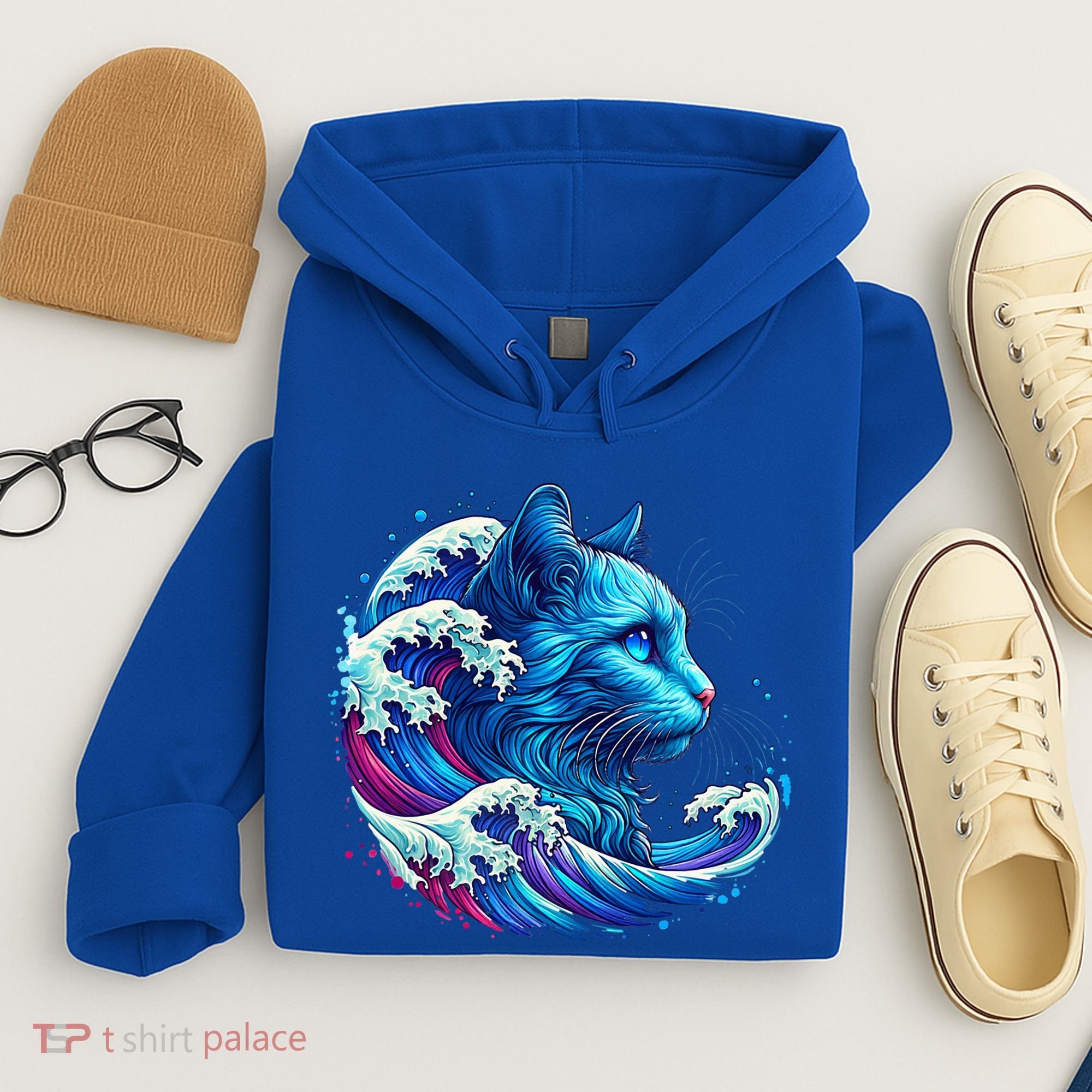 Blue Cat Wave Illustrations Hoodie