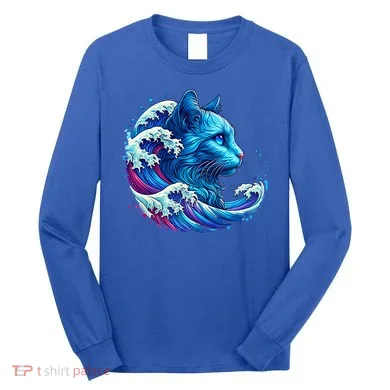 Blue Cat Wave Illustrations Long Sleeve Shirt