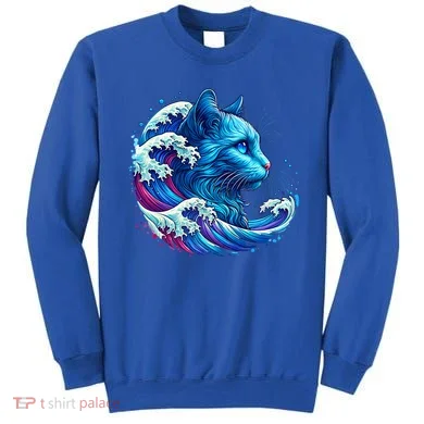 Blue Cat Wave Illustrations Sweatshirt