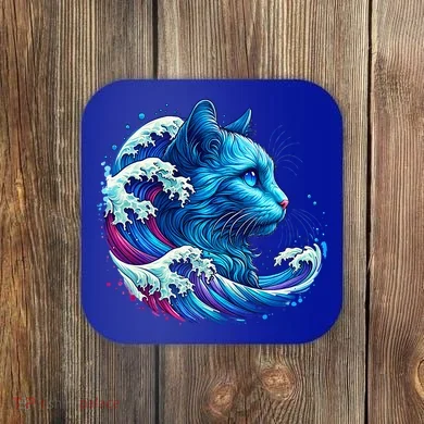 Blue Cat Wave Illustrations Coaster