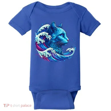 Blue Cat Wave Illustrations Baby Bodysuit