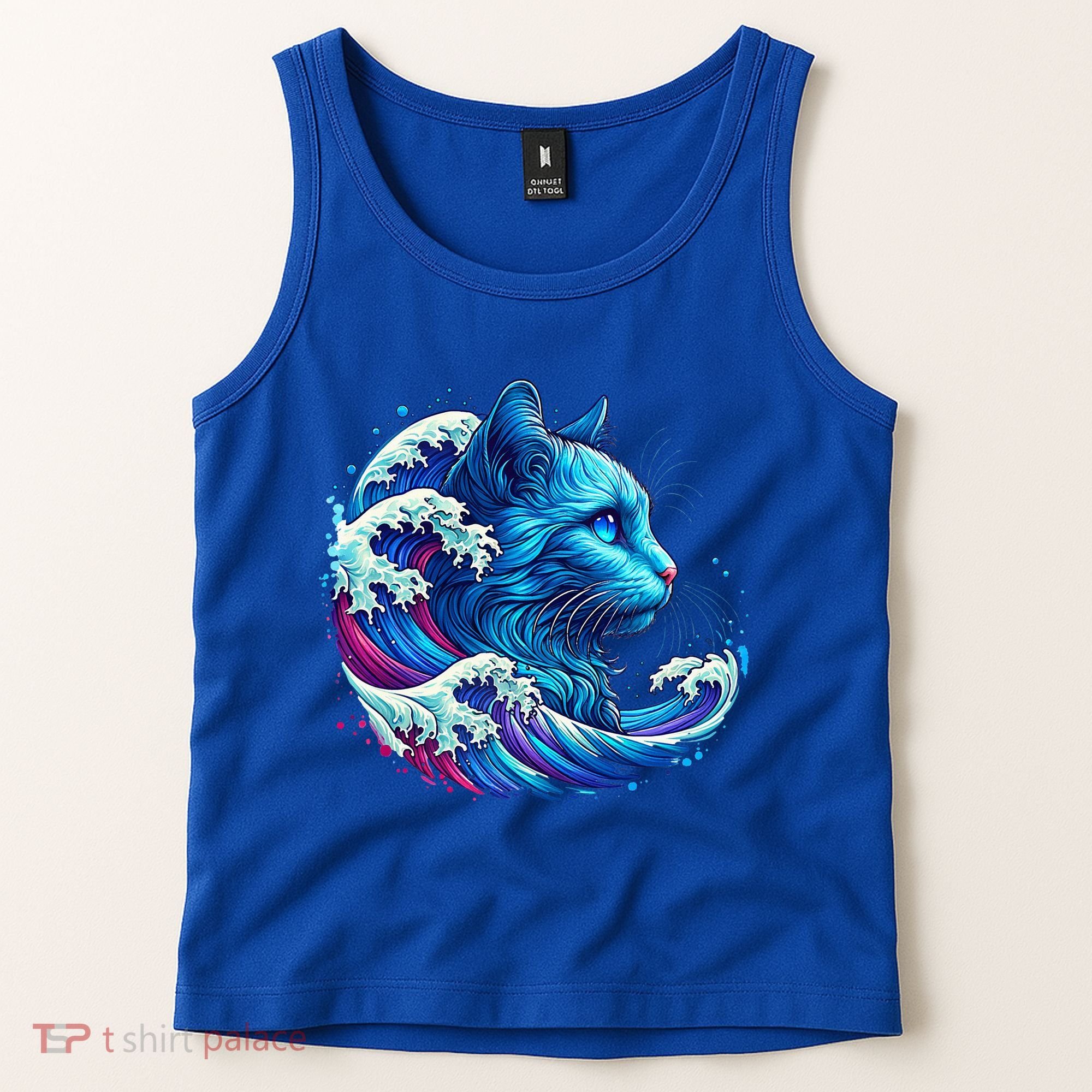 Blue Cat Wave Illustrations Tank Top