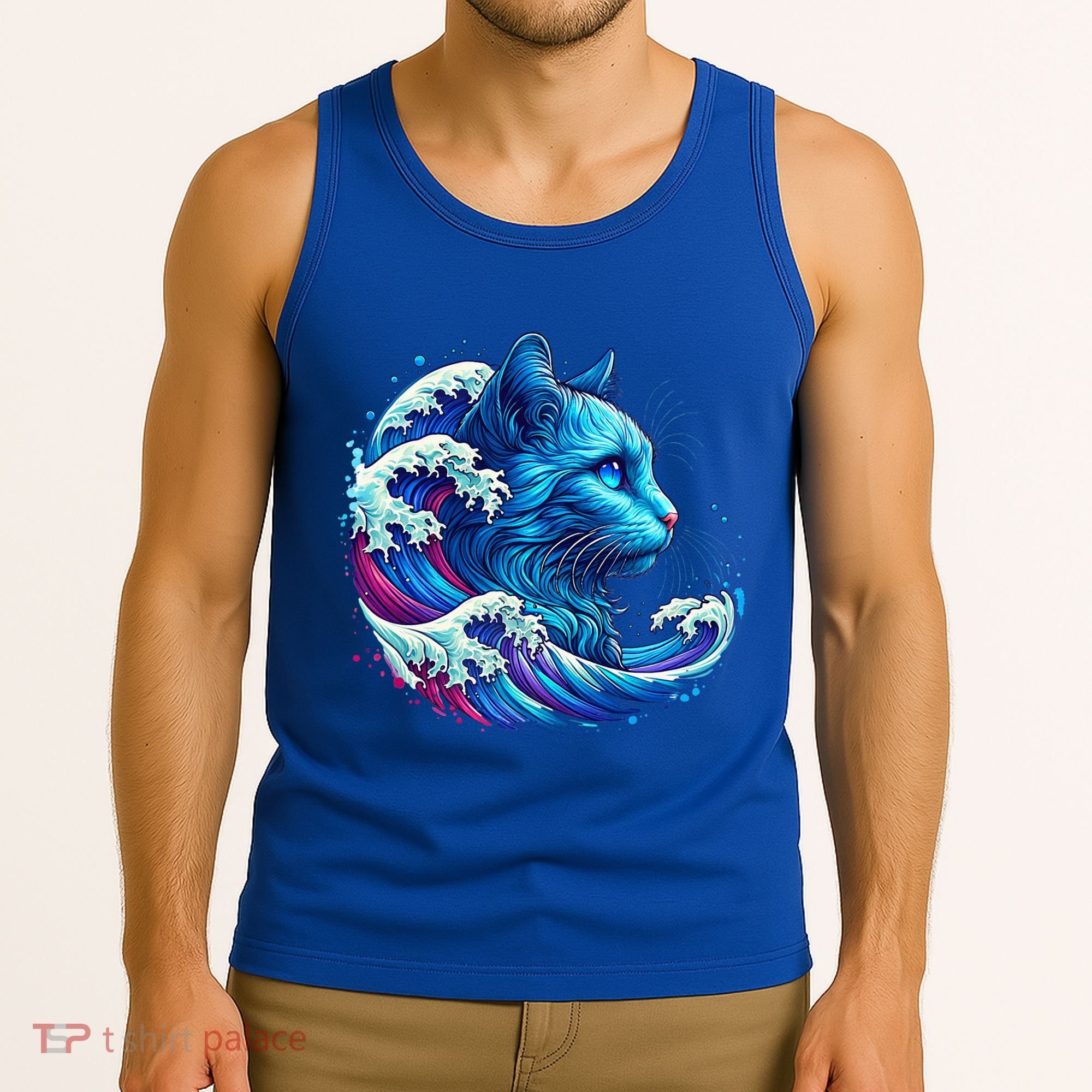 Blue Cat Wave Illustrations Tank Top
