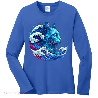 Blue Cat Wave Illustrations Women's Long Sleeve Shirt