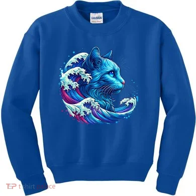 Blue Cat Wave Illustrations Kids Sweatshirt