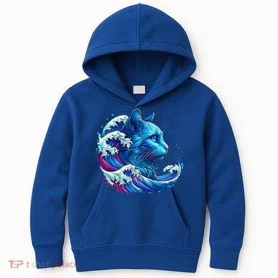 Blue Cat Wave Illustrations Kids Hoodie