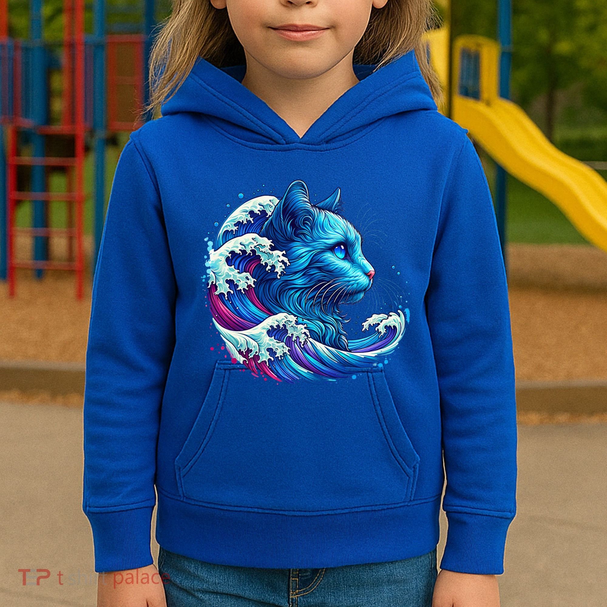 Blue Cat Wave Illustrations Kids Hoodie