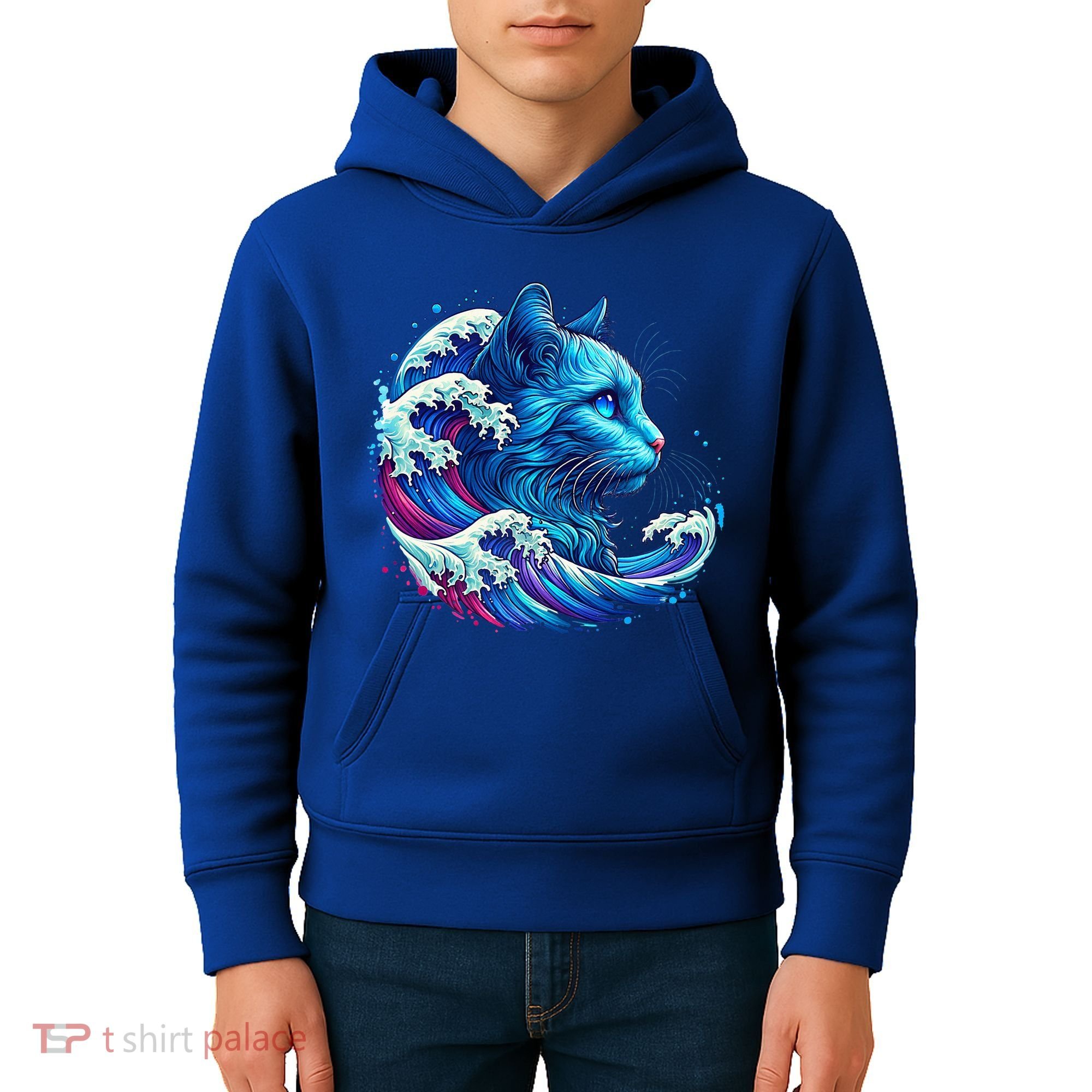 Blue Cat Wave Illustrations Kids Hoodie