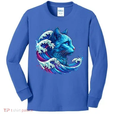Blue Cat Wave Illustrations Kids Long Sleeve Shirt