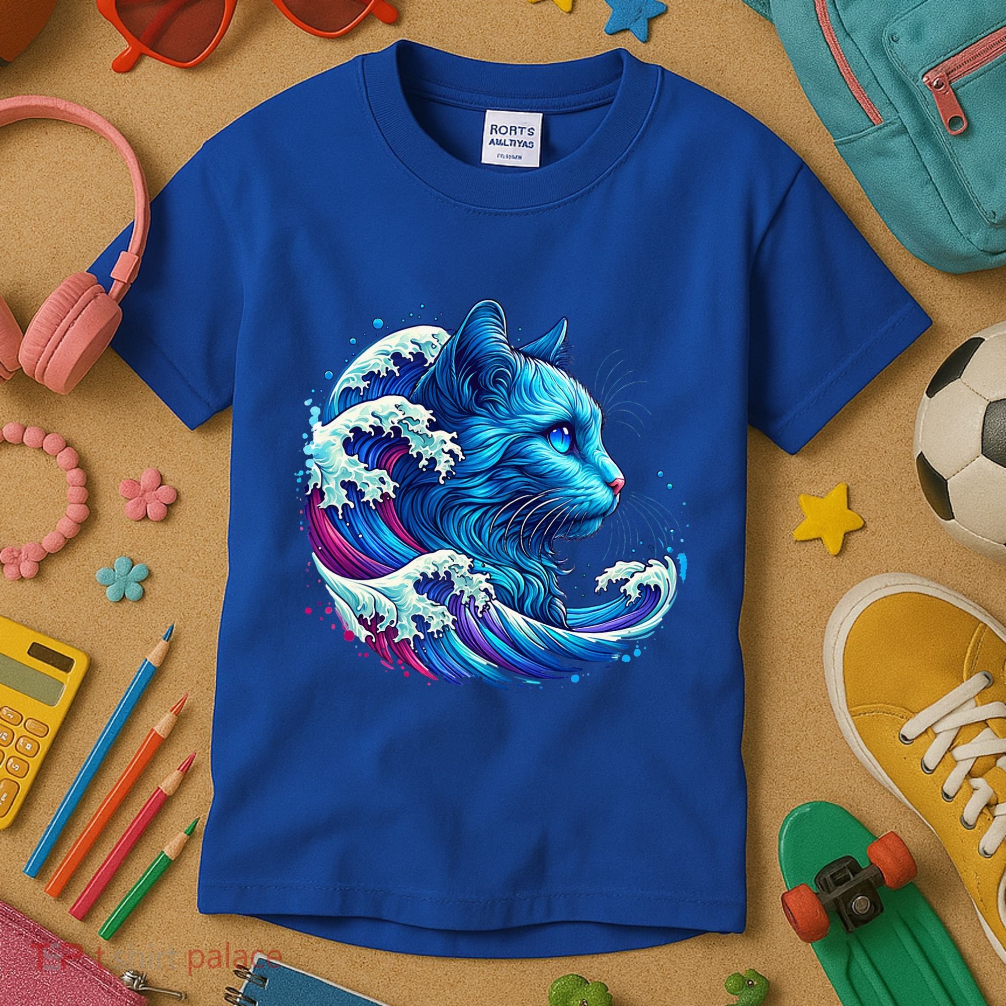 Blue Cat Wave Illustrations Kids T-Shirt