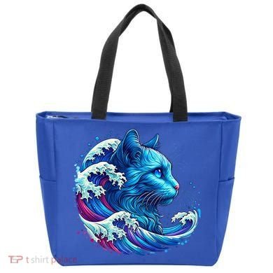 Blue Cat Wave Illustrations Tote Bag