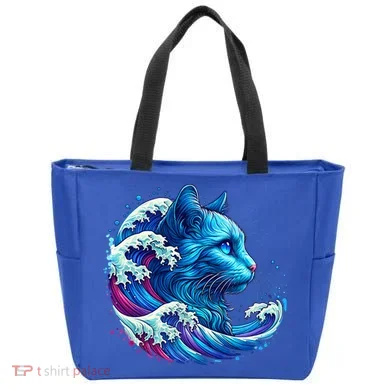 Blue Cat Wave Illustrations Tote Bag