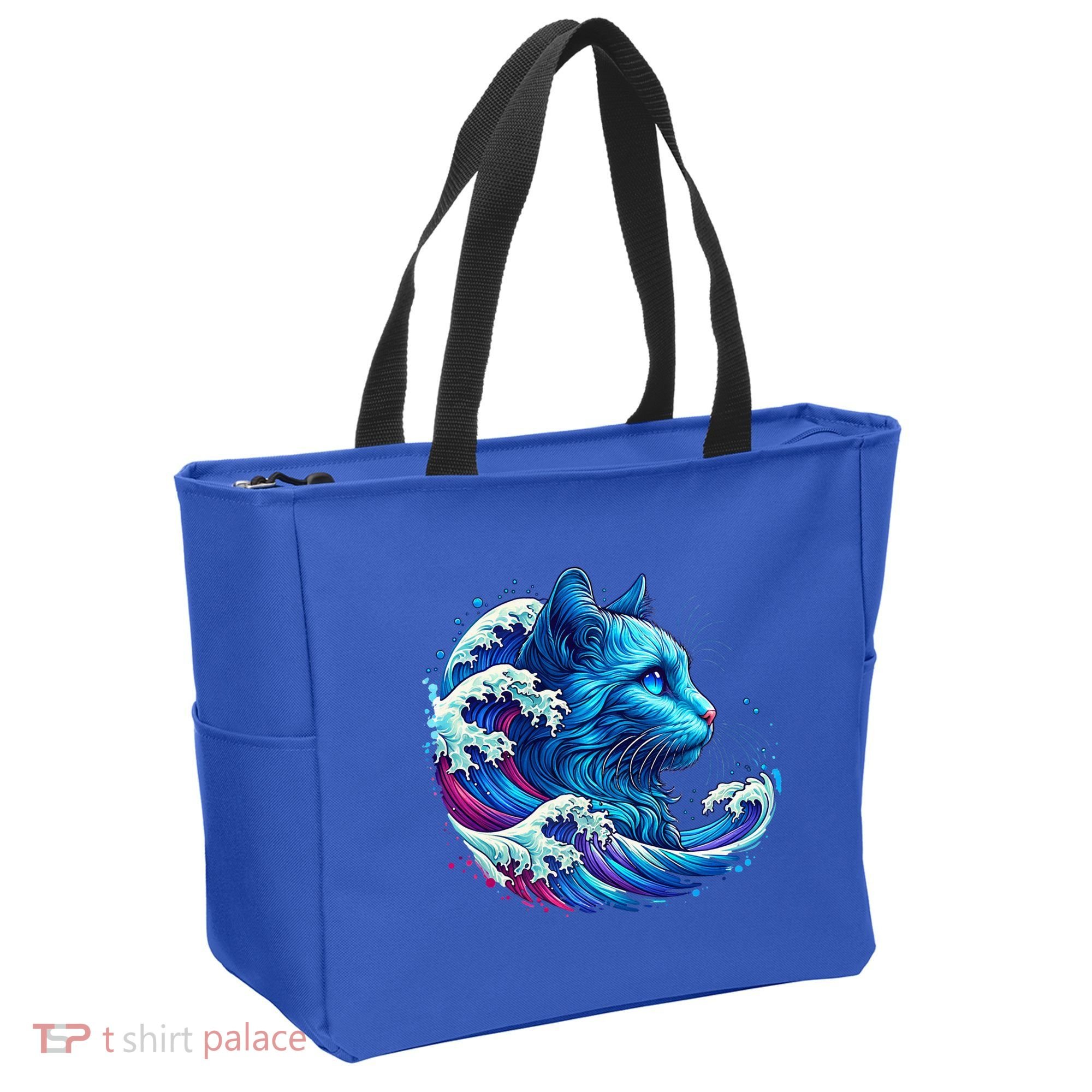 Blue Cat Wave Illustrations Tote Bag