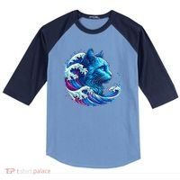 Blue Cat Wave Illustrations Raglan Baseball Sleeve Shirt thumb 0