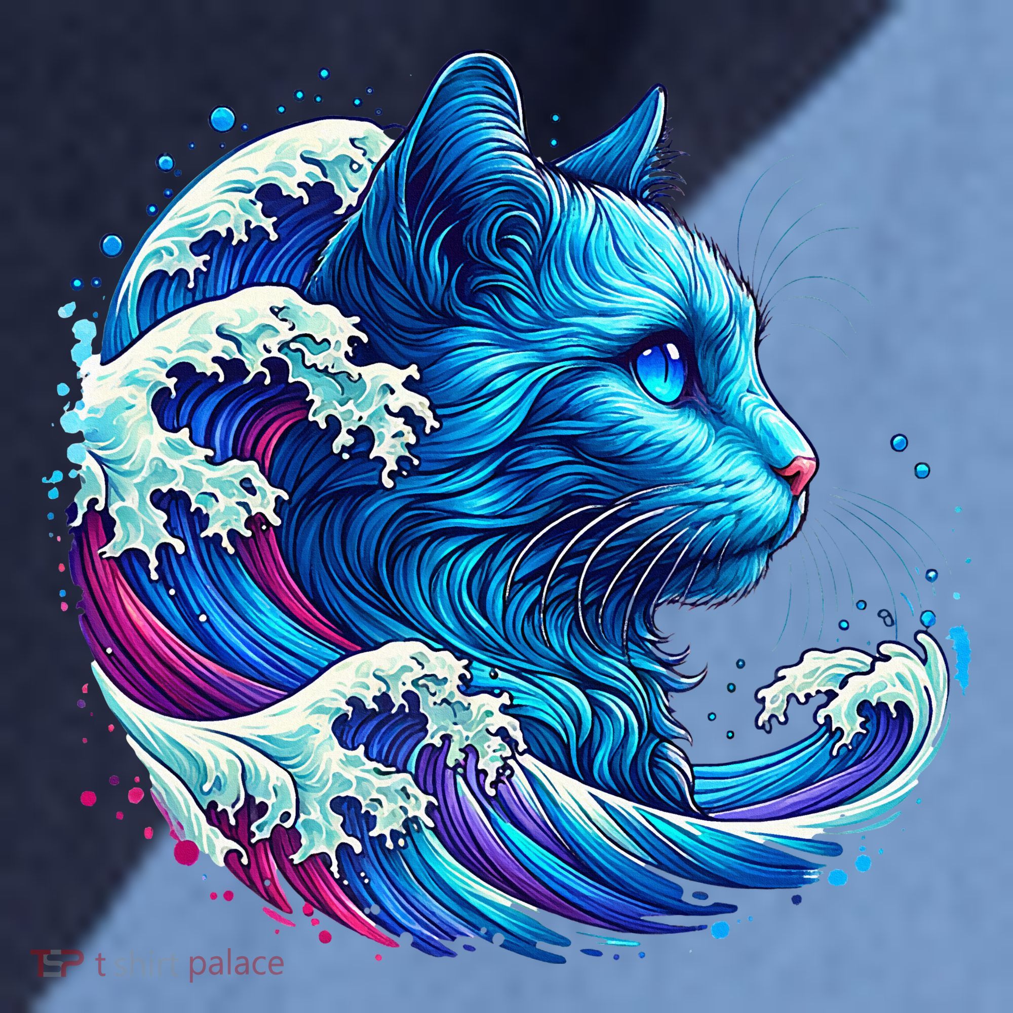 Blue Cat Wave Illustrations Raglan Baseball Sleeve Shirt