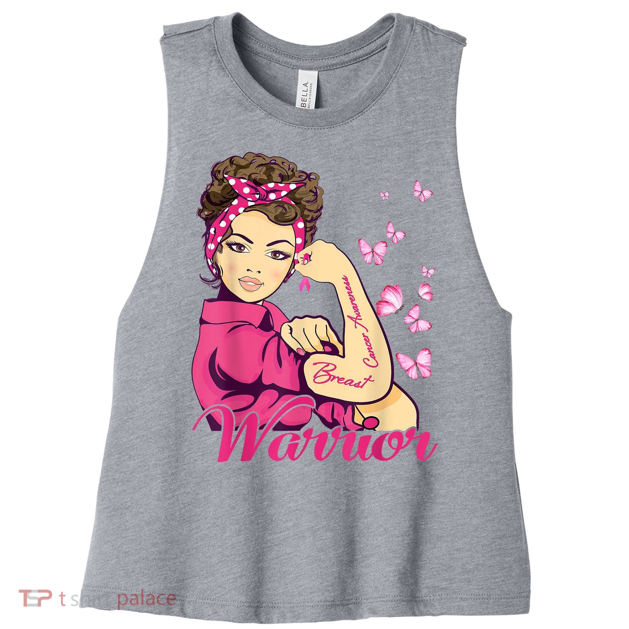 Breast Cancer Warrior Rosie Riveter Pink Ribbon Unbreakable Women's Racerback Cropped Tank