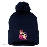 Breast Cancer Warrior Rosie Riveter Pink Ribbon Unbreakable Pom Pom 12in Knit Beanie thumb 0