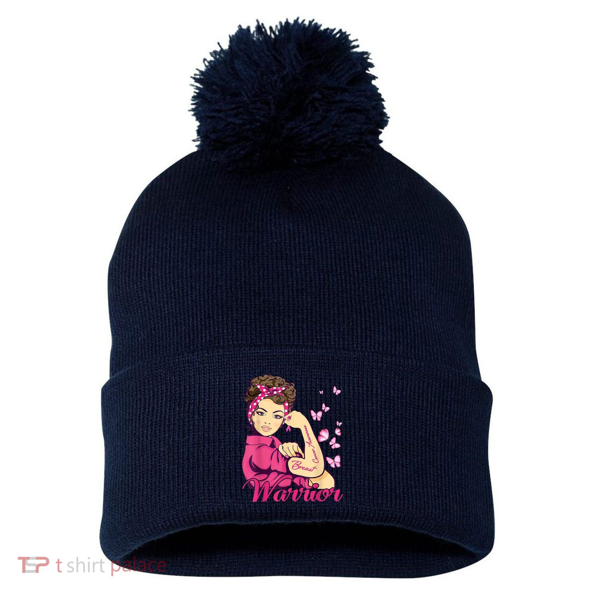 Breast Cancer Warrior Rosie Riveter Pink Ribbon Unbreakable Pom Pom 12in Knit Beanie