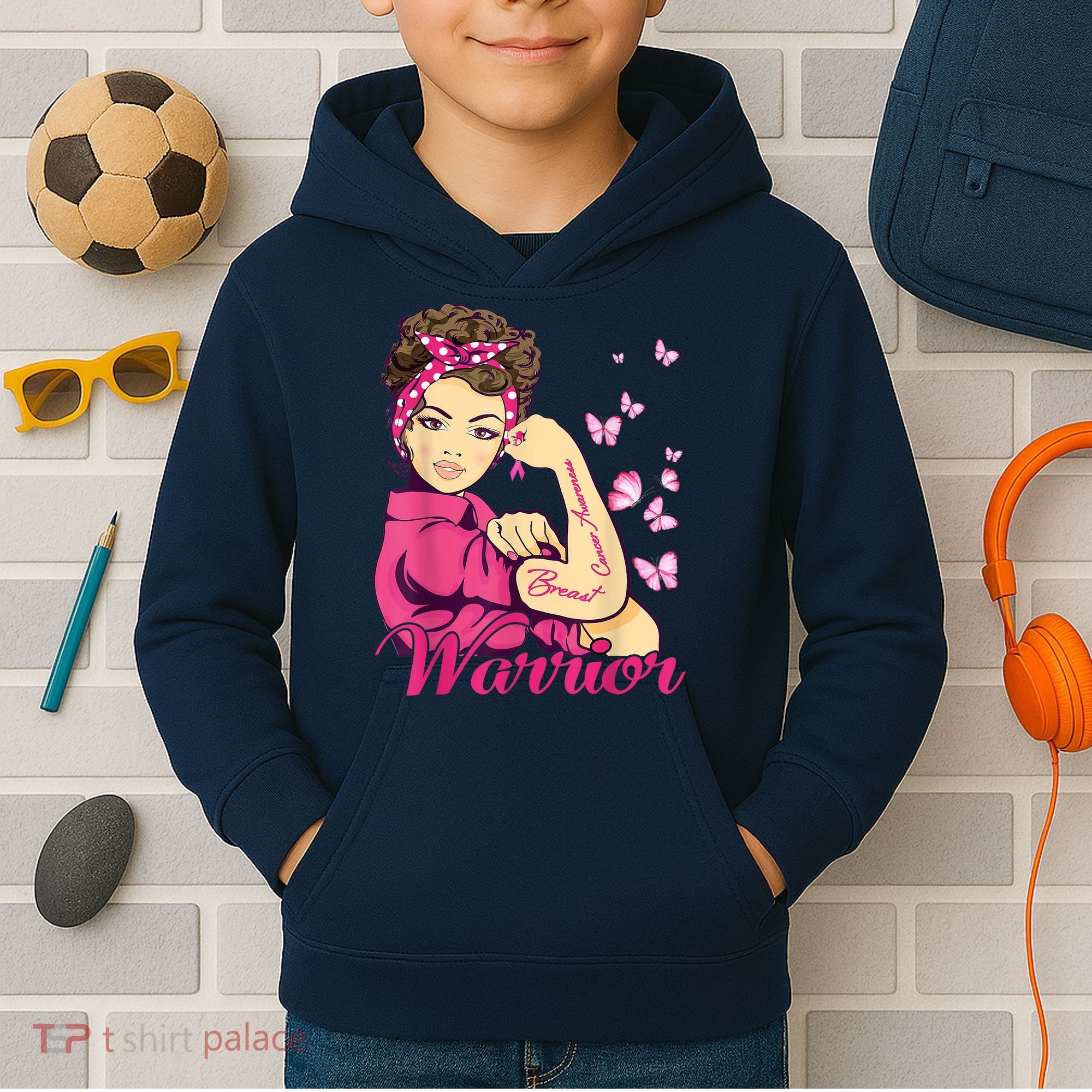 Breast Cancer Warrior Rosie Riveter Pink Ribbon Unbreakable Kids Hoodie