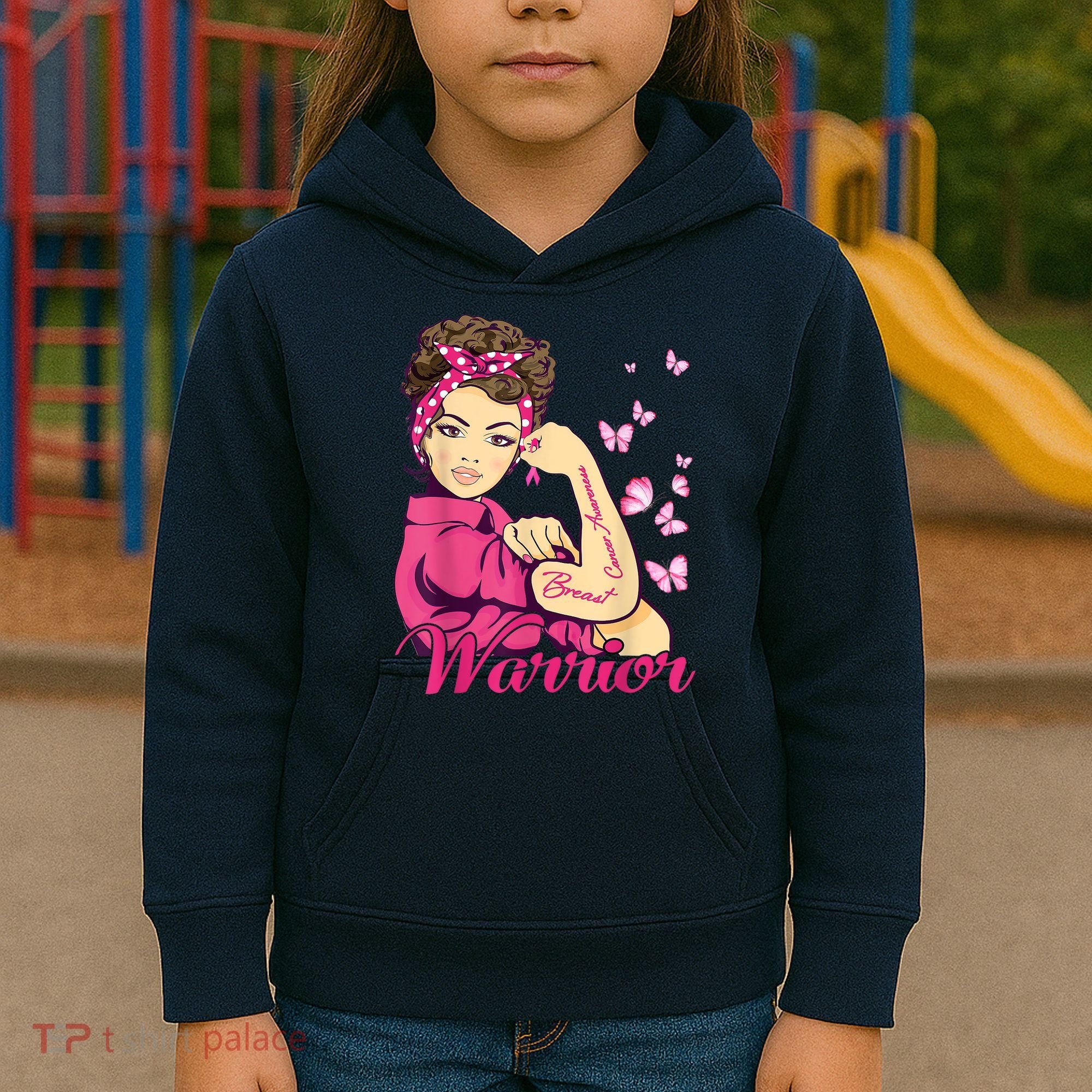 Breast Cancer Warrior Rosie Riveter Pink Ribbon Unbreakable Kids Hoodie