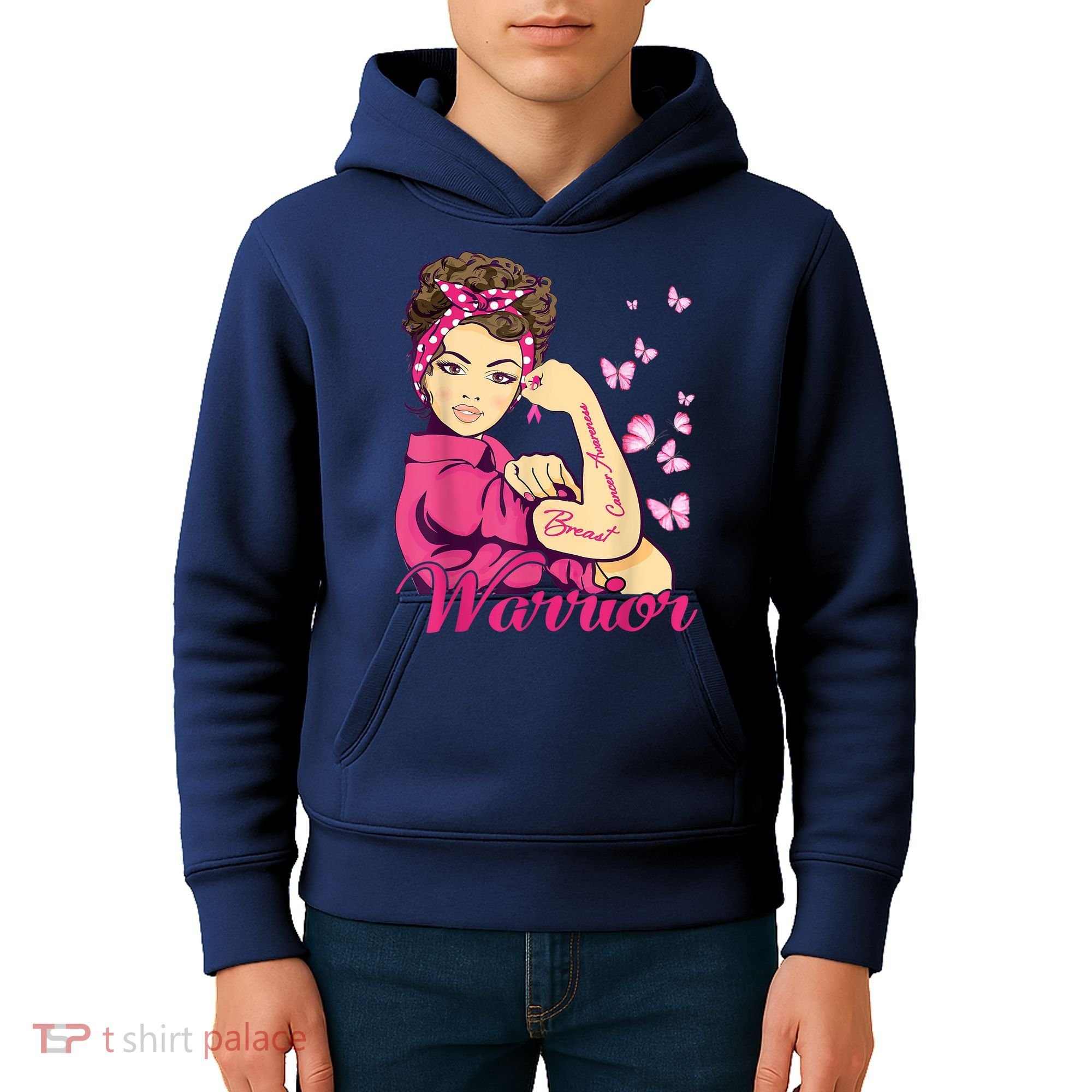 Breast Cancer Warrior Rosie Riveter Pink Ribbon Unbreakable Kids Hoodie