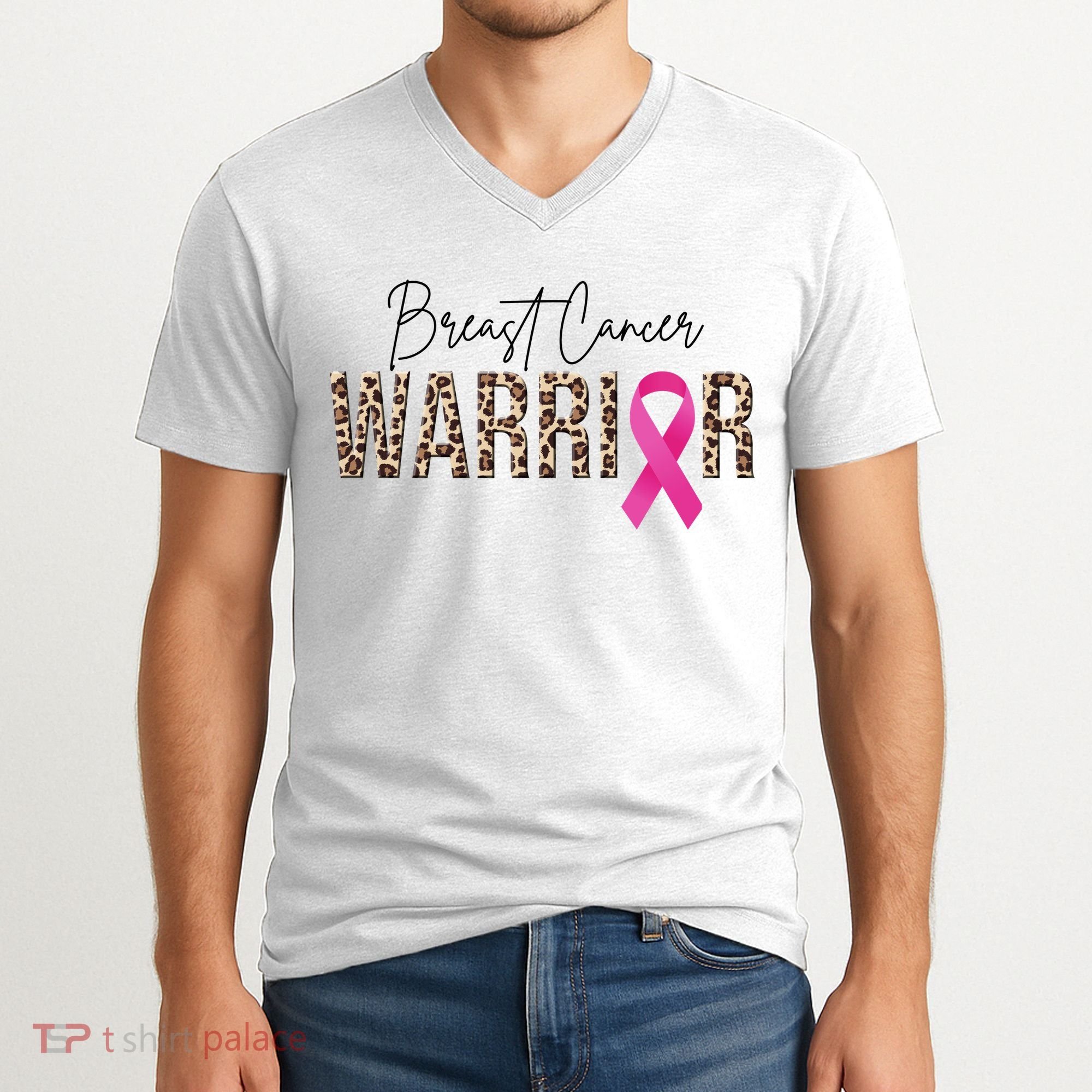 Breast Cancer Warrior Pink Ribbon Cheetah V-Neck T-Shirt