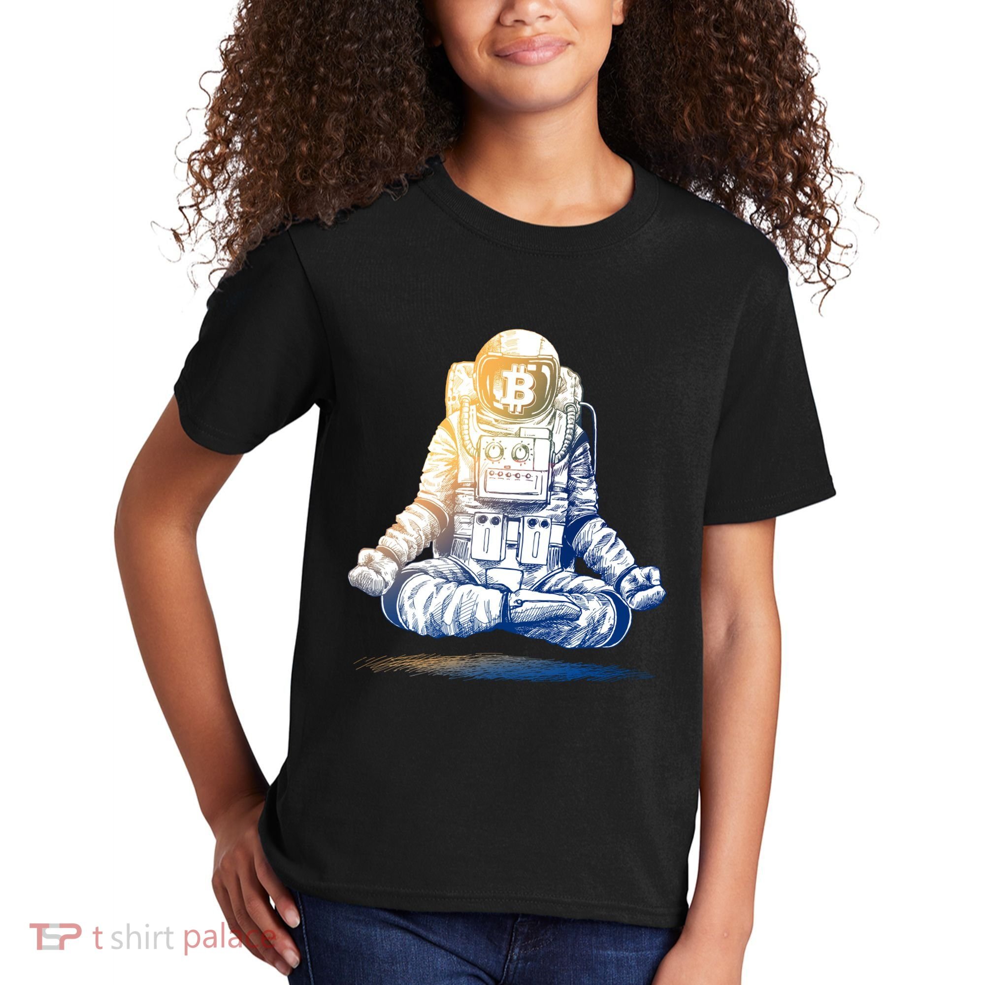 Bitcoin Cryptocurrency Yoga Astronaut Kids T-Shirt
