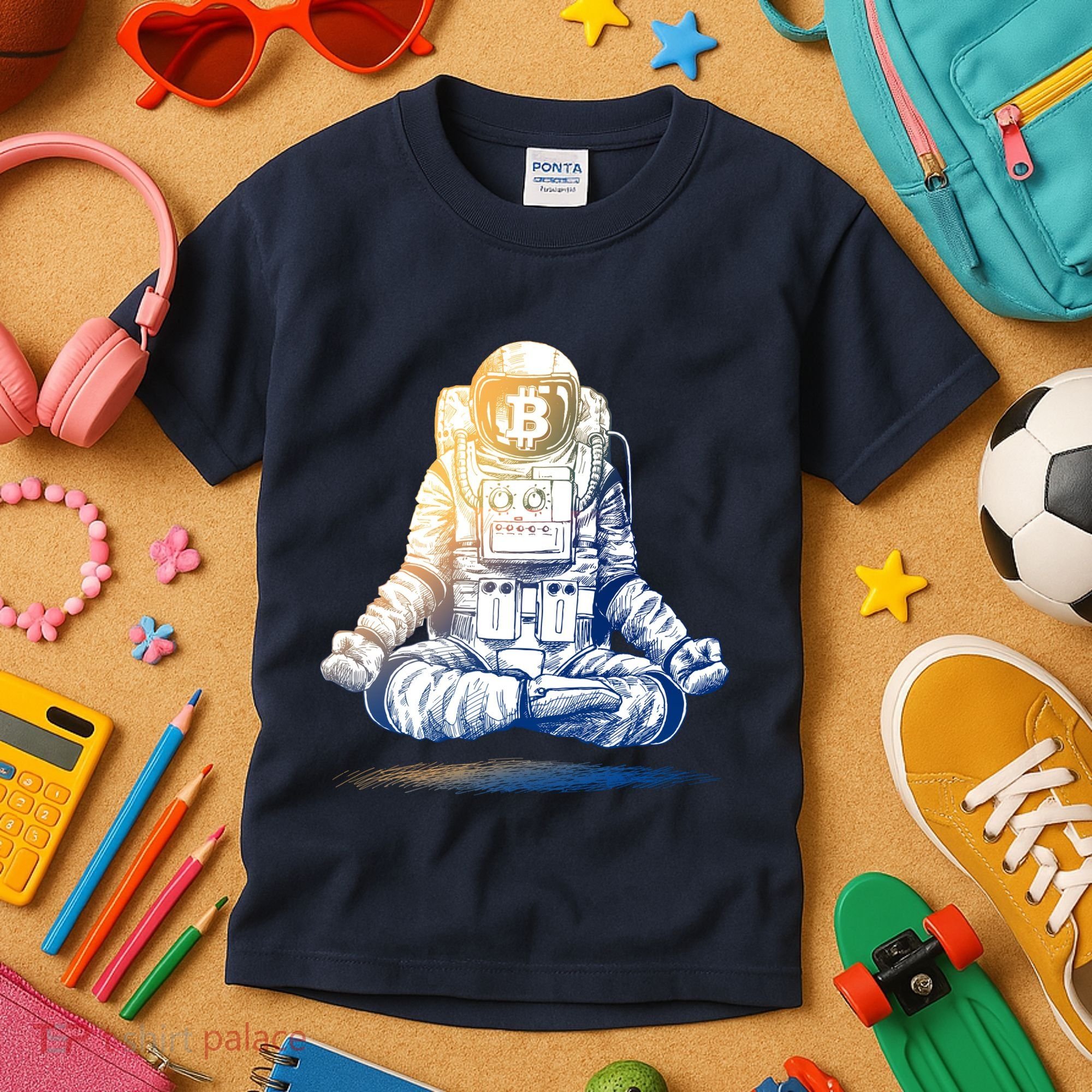 Bitcoin Cryptocurrency Yoga Astronaut Kids T-Shirt