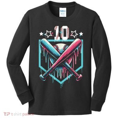 Baseball Drip 10th Birthday Boy Number 10 10 Year Old  Kids Long Sleeve Shirt