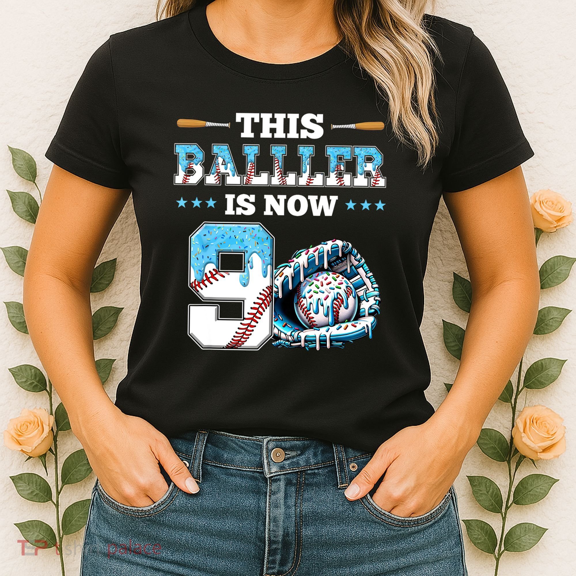 Baseball Drip 9th Birthday Party Boy Sport Fan 9 Years Old  Women's T-Shirt