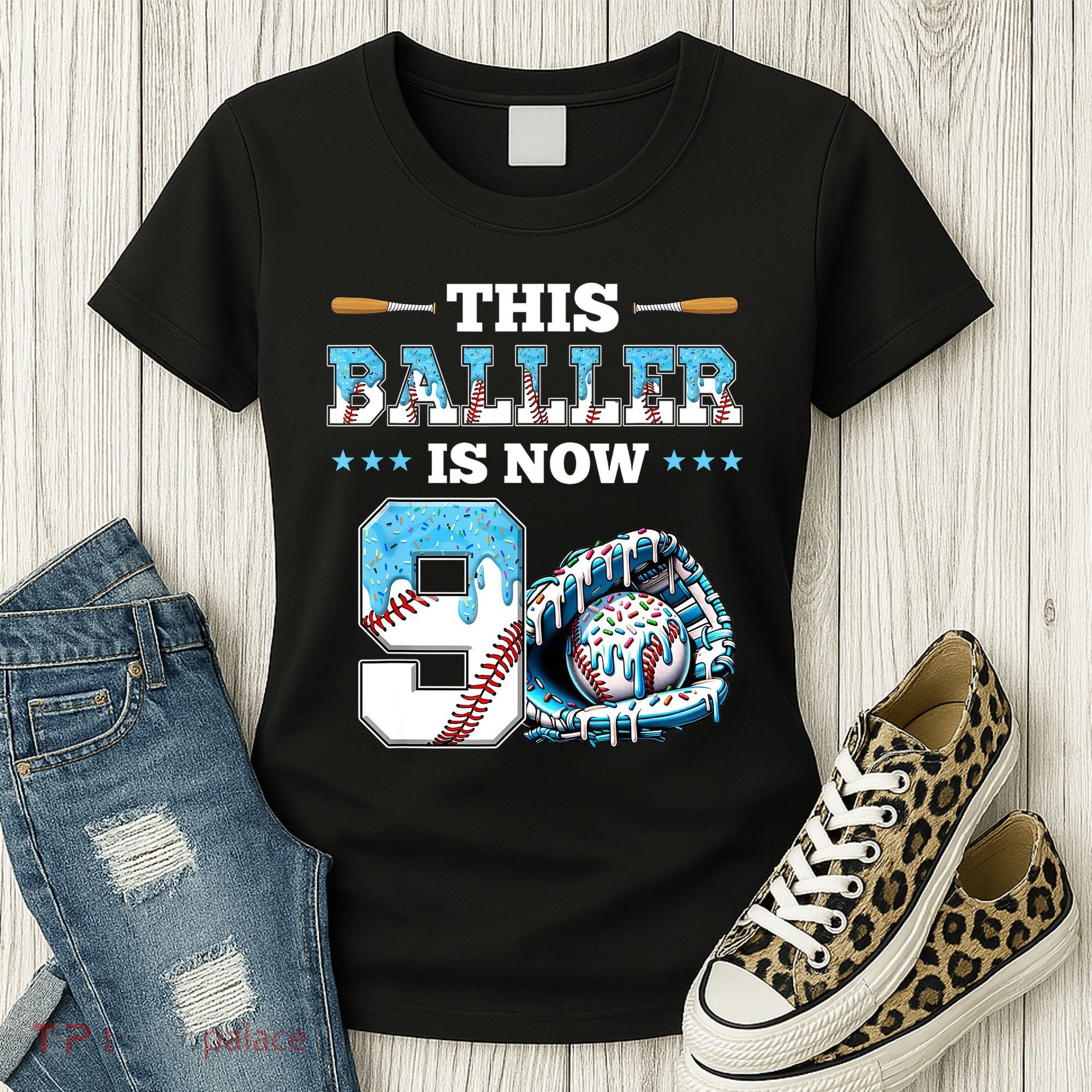 Baseball Drip 9th Birthday Party Boy Sport Fan 9 Years Old  Women's T-Shirt