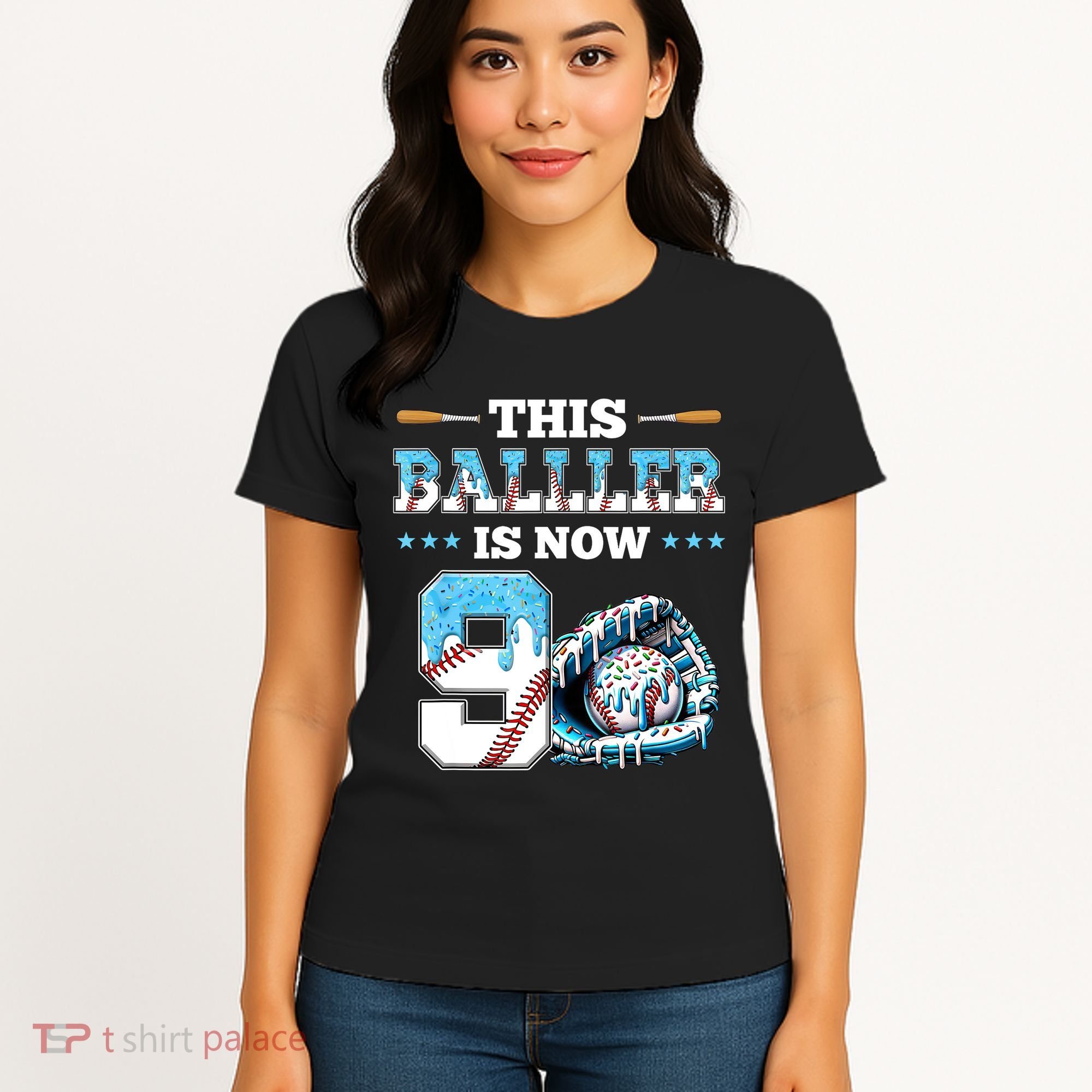 Baseball Drip 9th Birthday Party Boy Sport Fan 9 Years Old  Women's T-Shirt