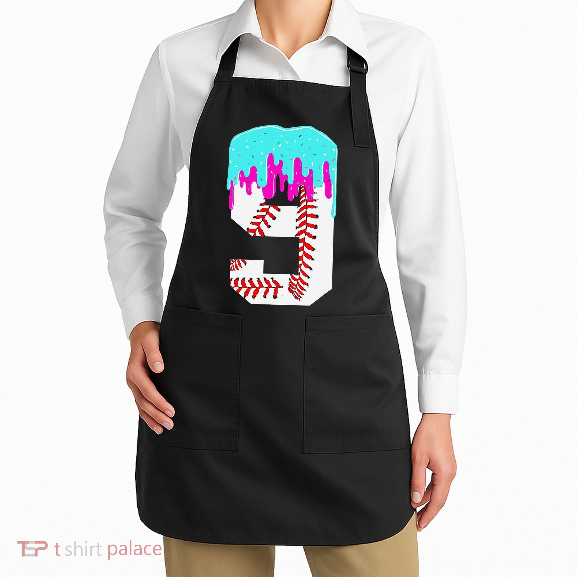 Baseball Drip 9 Year Old 9th Birthday Jersey Number 9 Apron