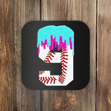 Baseball Drip 9 Year Old 9th Birthday Jersey Number 9 Coaster