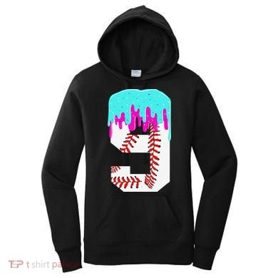 Baseball Drip 9 Year Old 9th Birthday Jersey Number 9 Women's Hoodie