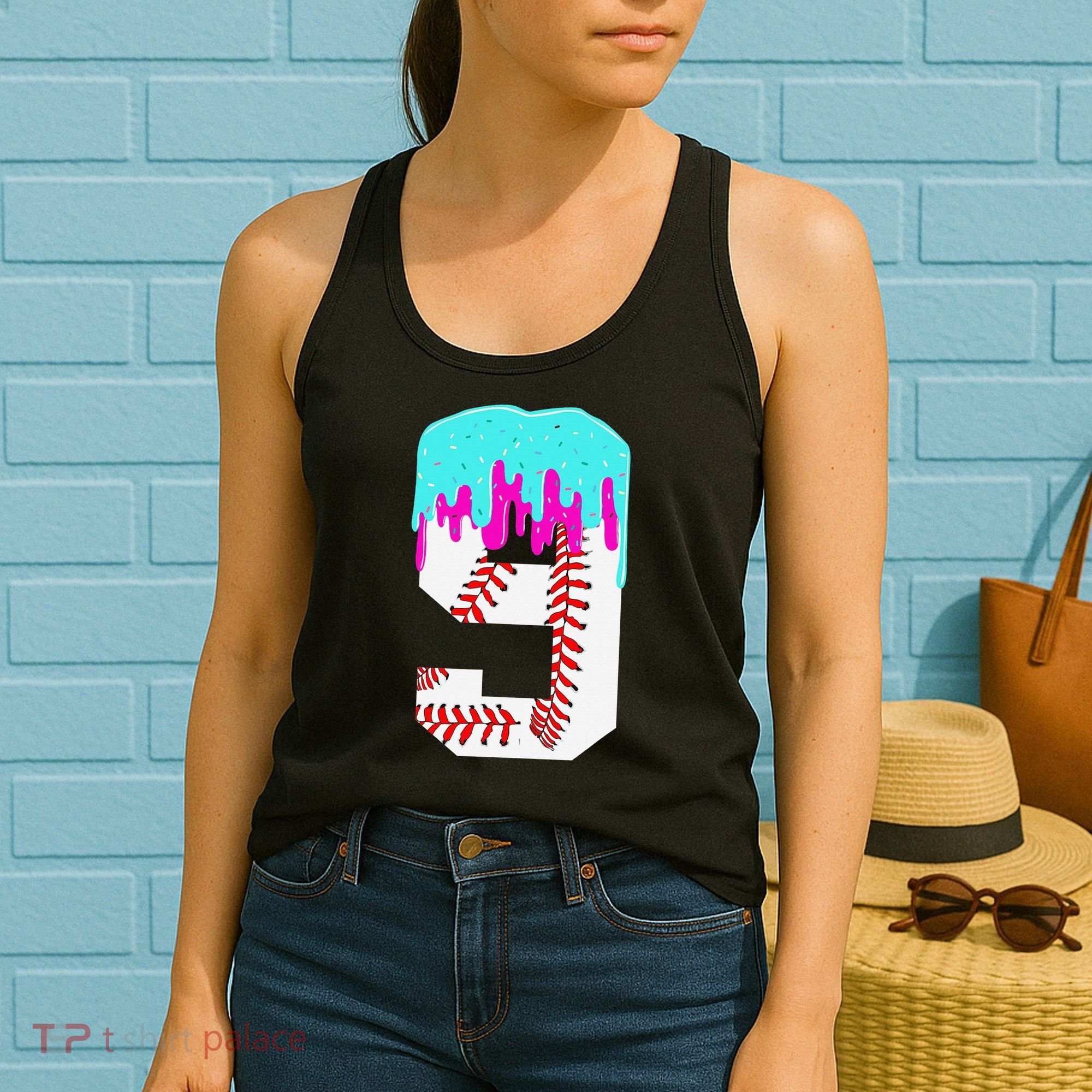 Baseball Drip 9 Year Old 9th Birthday Jersey Number 9 Women's Tank Top