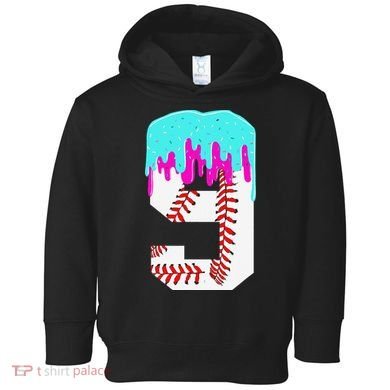 Baseball Drip 9 Year Old 9th Birthday Jersey Number 9 Toddler Hoodie