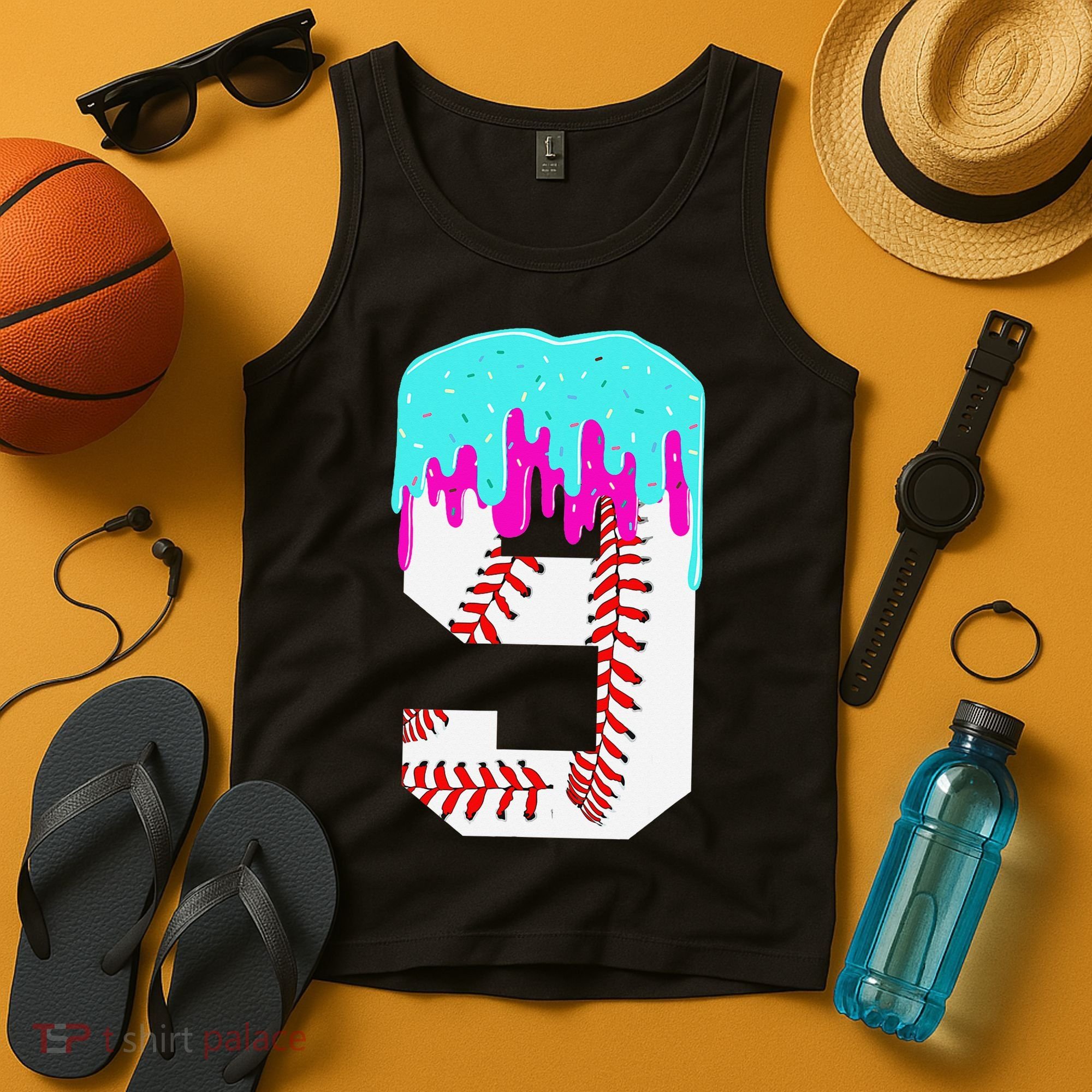 Baseball Drip 9 Year Old 9th Birthday Jersey Number 9 Tank Top