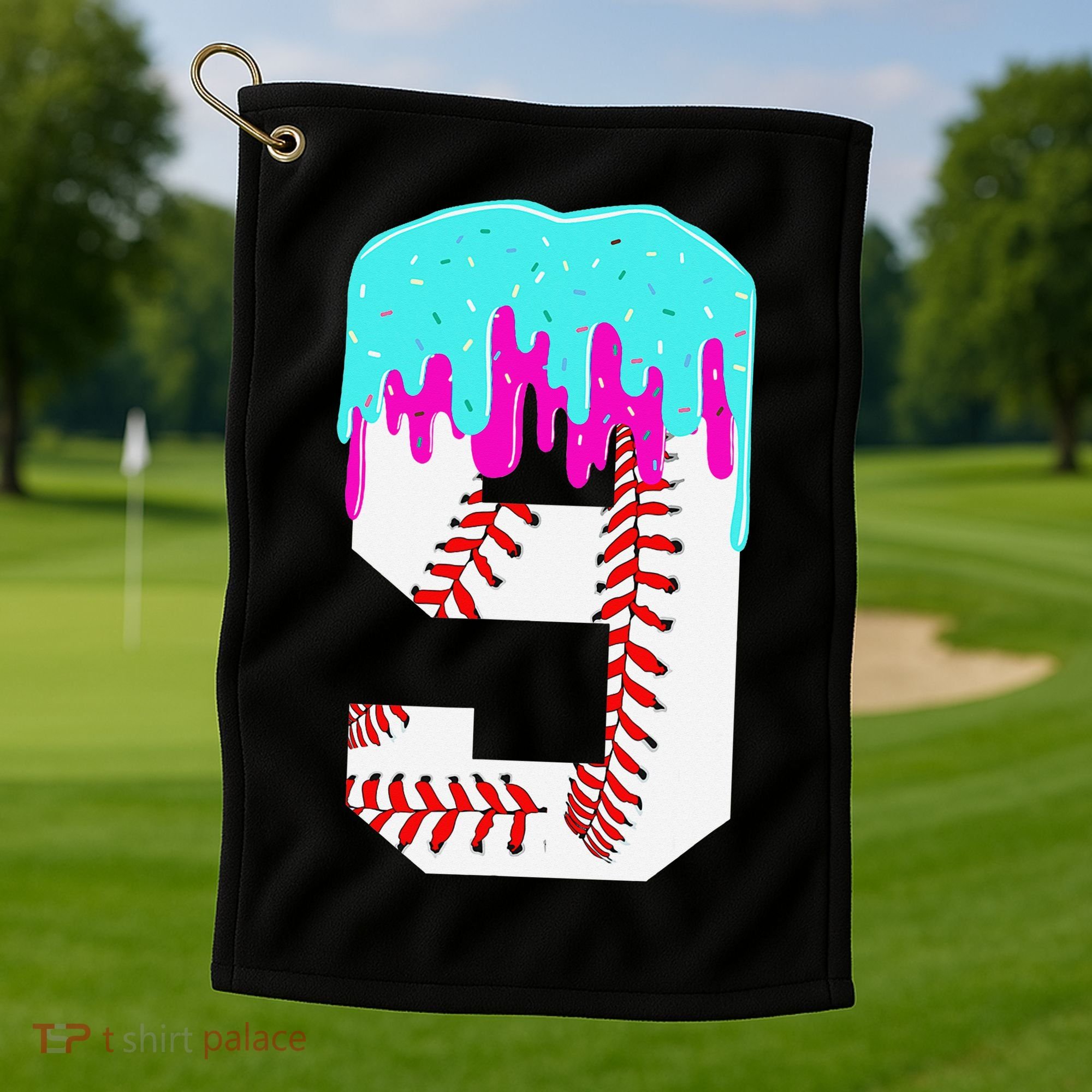Baseball Drip 9 Year Old 9th Birthday Jersey Number 9 Golf Towel