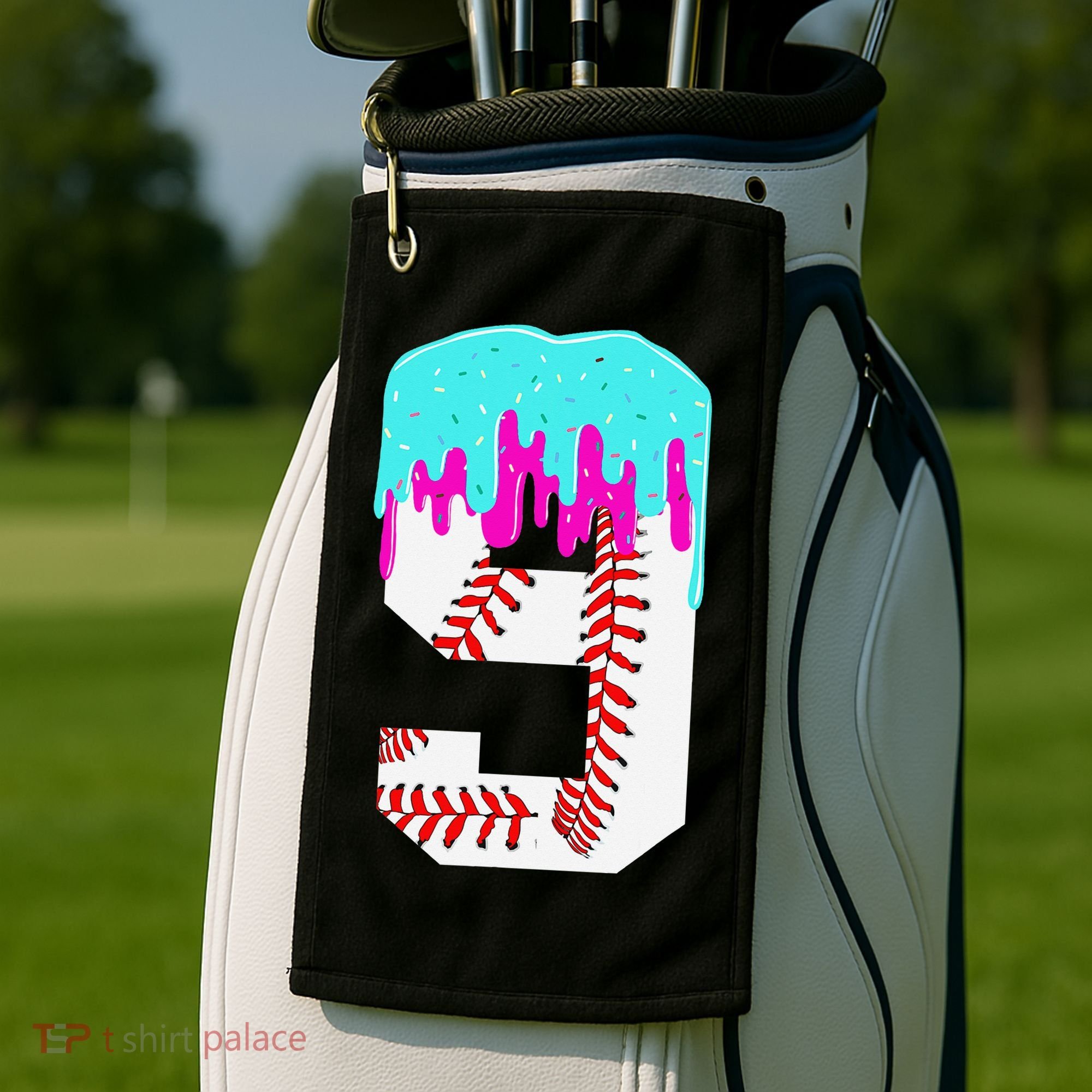 Baseball Drip 9 Year Old 9th Birthday Jersey Number 9 Golf Towel